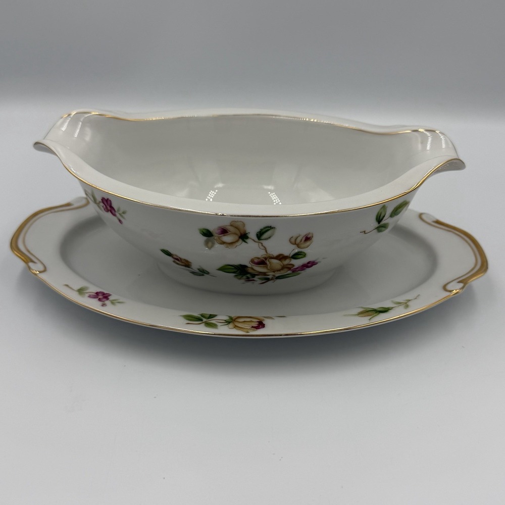 Vintage Lynmore Golden Rose Fine China Gravy Boat With Attached Plate - Picture 3 of 8